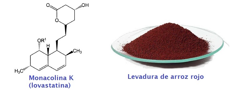 Izda: Molécula de monacolina K. Drcha: Levadura de arroz rojo